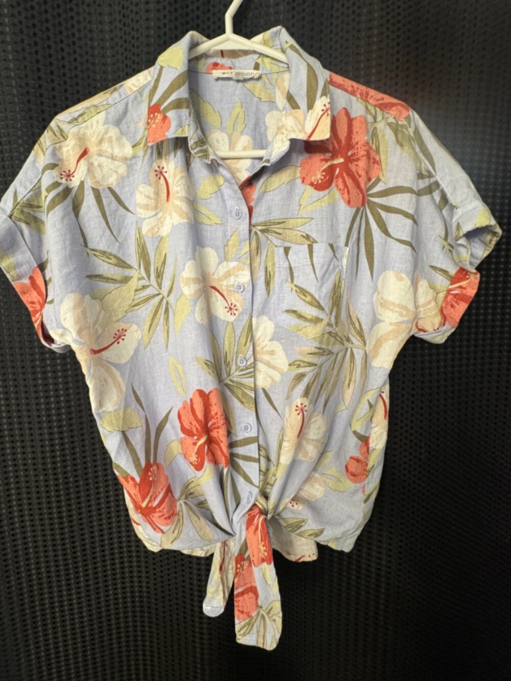 🌴 Workshop Republic Linen Blend Tropical Floral Button-Up Tie Front Shirt Small